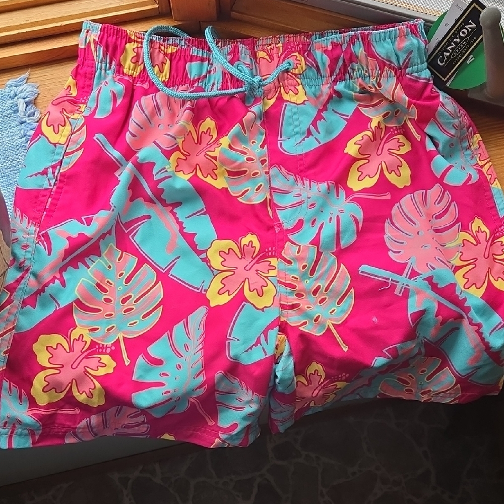 Mens M NWT Tropical Print Swim Shorts - Hot Pink and Teal